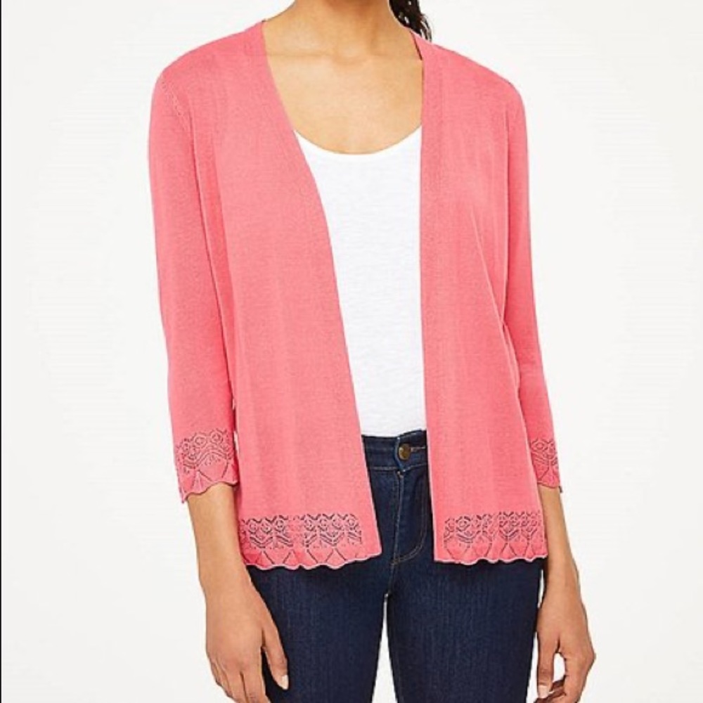 🆕Loft Pink Lace-Trim Open Cardigan